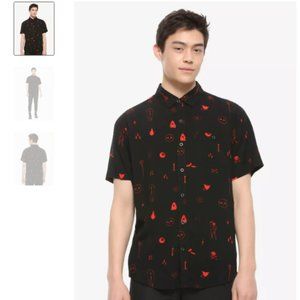 Hot Topic Dark Symbols Black & Red Woven Button-Up L